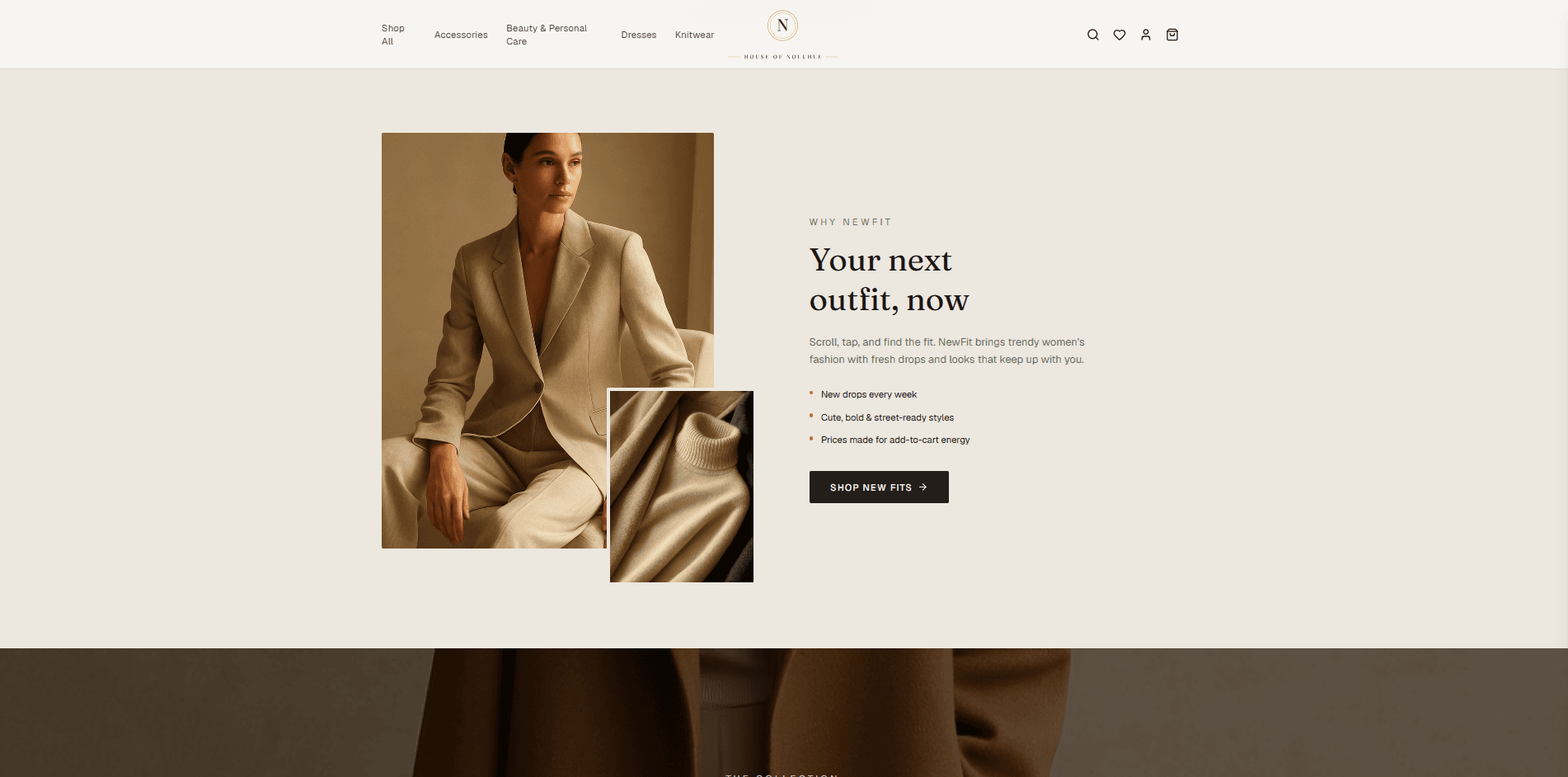House of Noluhle storefront showing the editorial hero with campaign photography, collection navigation, and the shop-new-fits call to action — built by Bila Automation