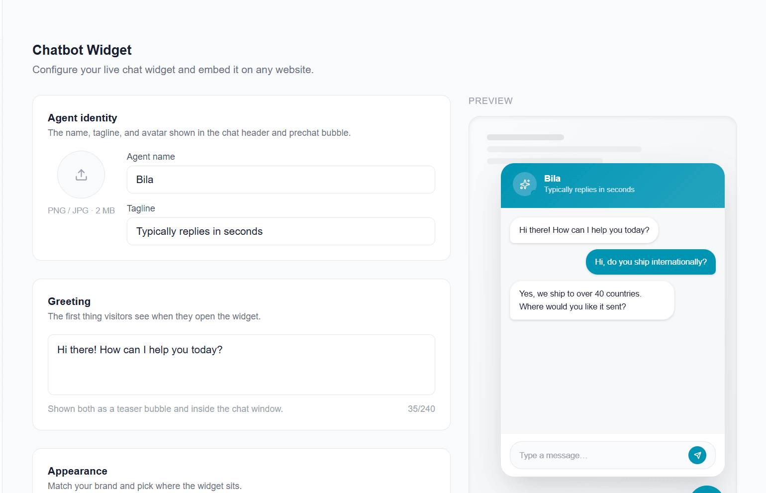 Custom chatbot widget configuration interface showing agent identity, greeting setup, and live preview — engineered by Bila Automation