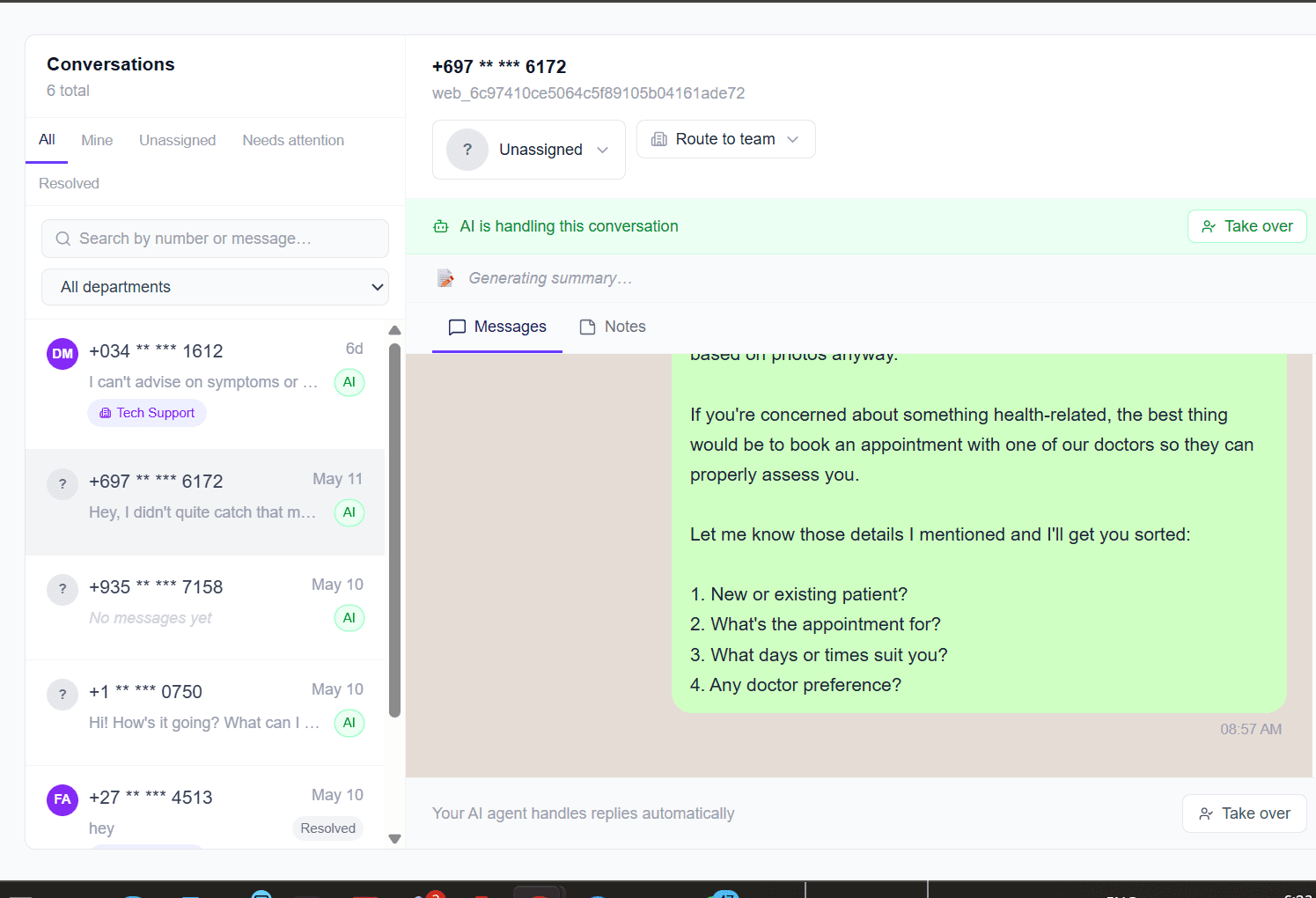AI assistant handling live WhatsApp conversations — routing messages, answering customer queries, and escalating when needed — custom-built by Bila Automation
